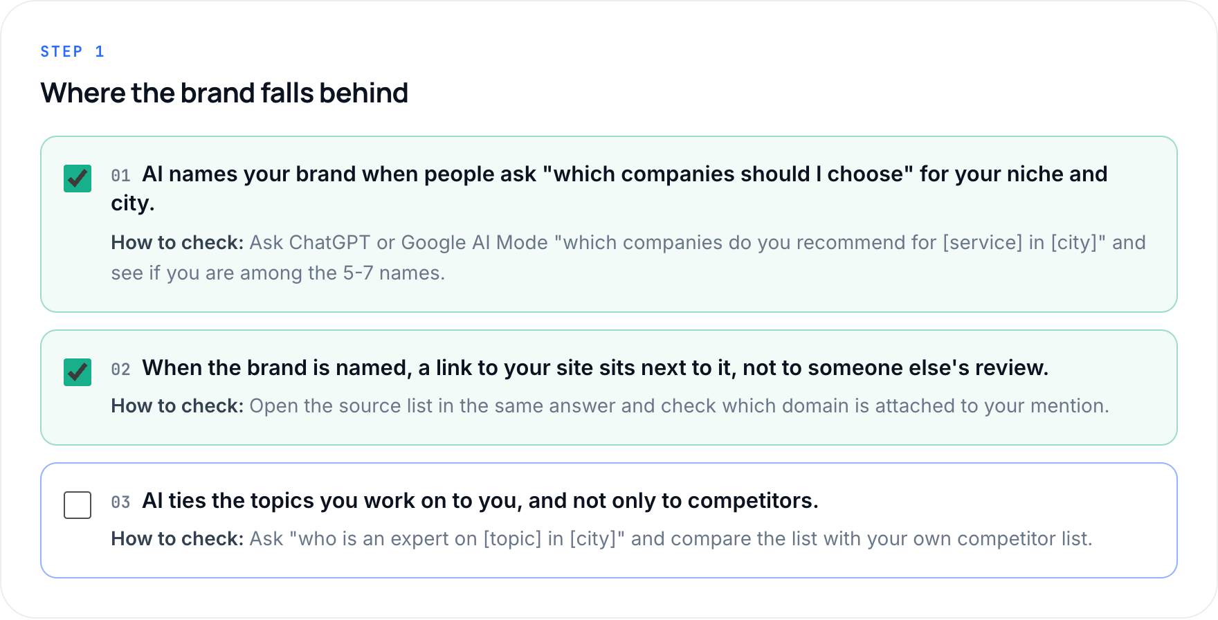 AI visibility checklist on desktop: six groups of questions with checkboxes and the running score