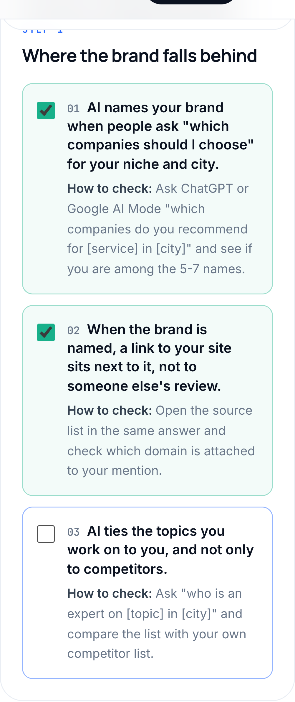 The AI visibility checklist stacked in a single column on a 390 pixel mobile screen