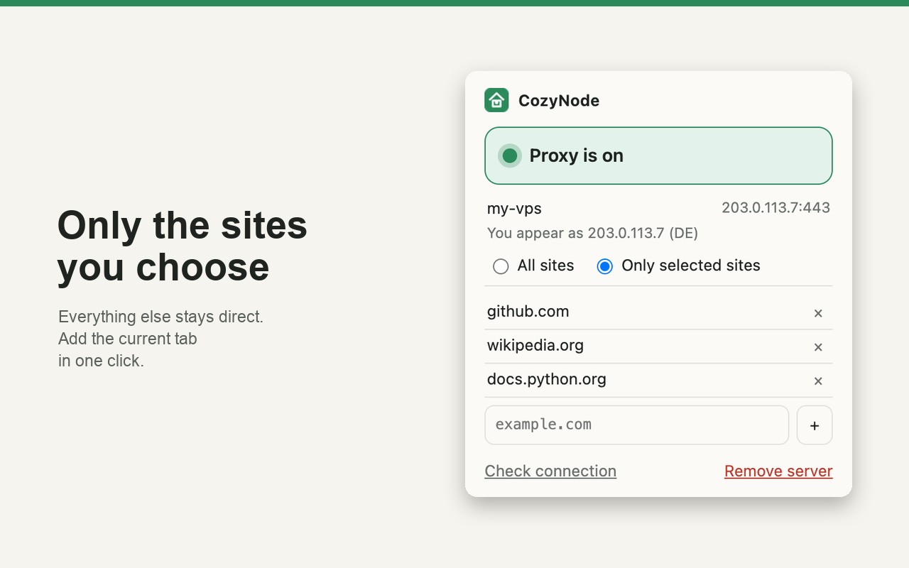CozyNode popup in the only selected sites mode with a list of sites routed through the server
