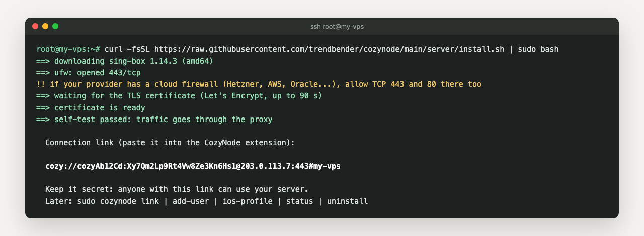 Terminal: the CozyNode installer downloads sing-box, gets a certificate, passes the self-test and prints a cozy:// link