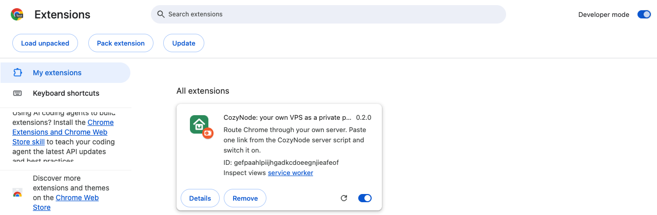 chrome://extensions with Developer mode on and the Load unpacked button