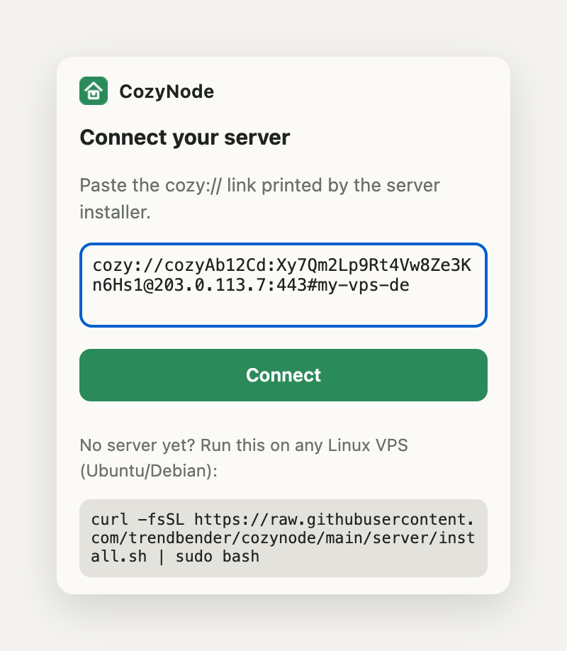 CozyNode popup: the cozy:// link pasted into the field