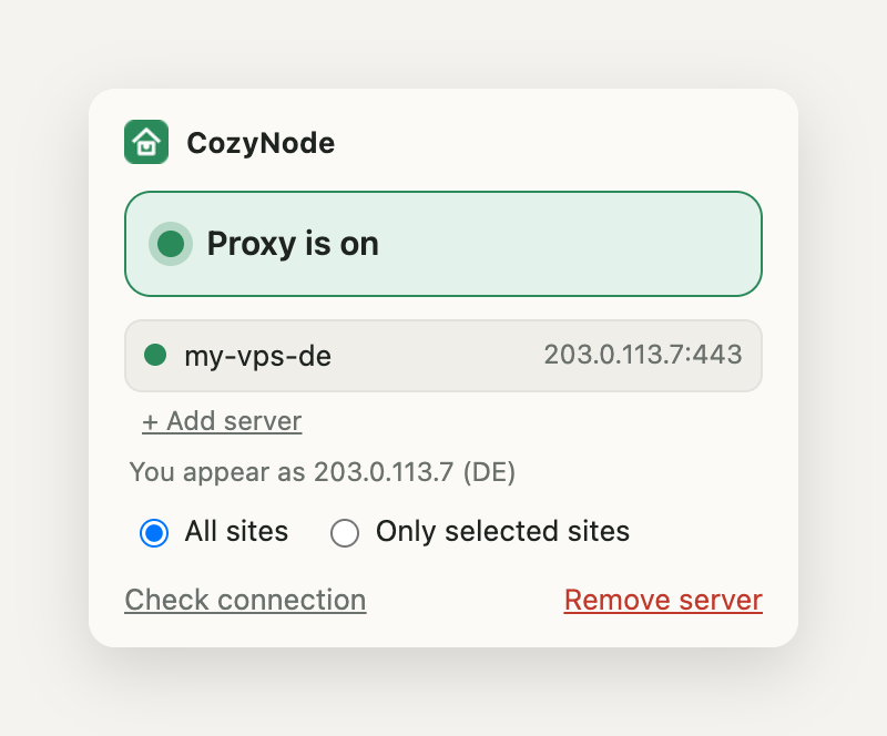 CozyNode popup: proxy is on, websites see the server IP and country