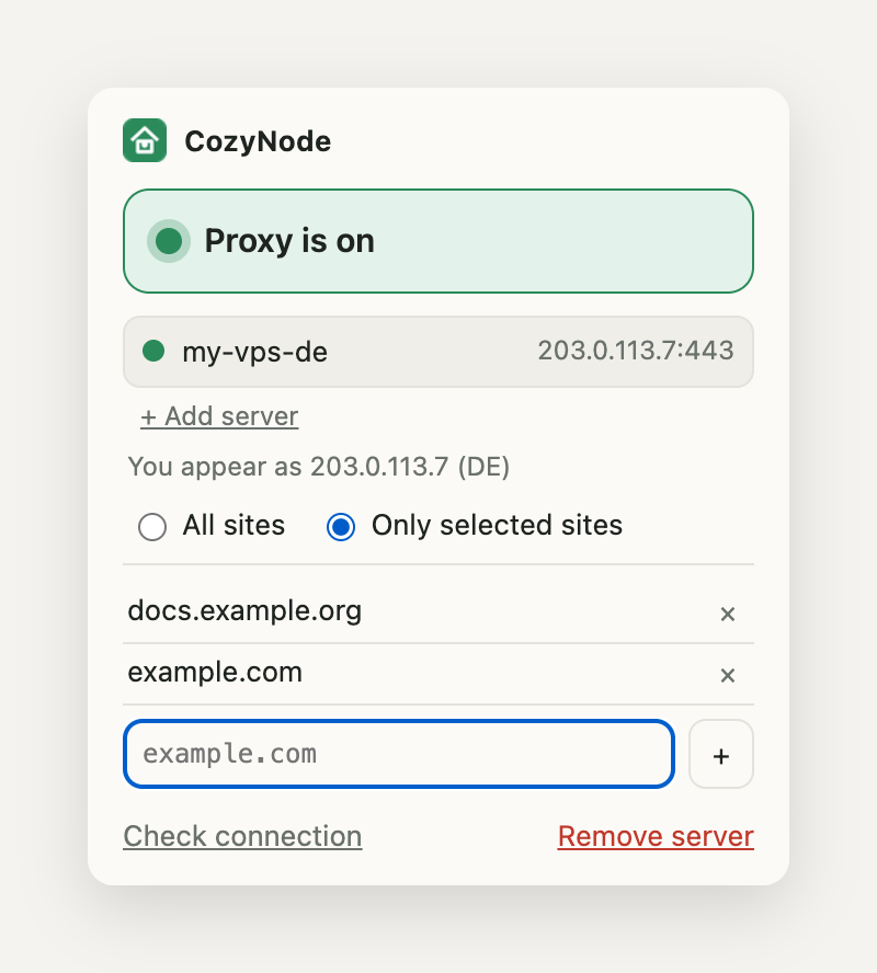 CozyNode popup in the only selected sites mode with two domains in the list