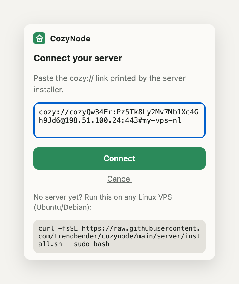CozyNode popup: adding one more server link, with a Cancel button