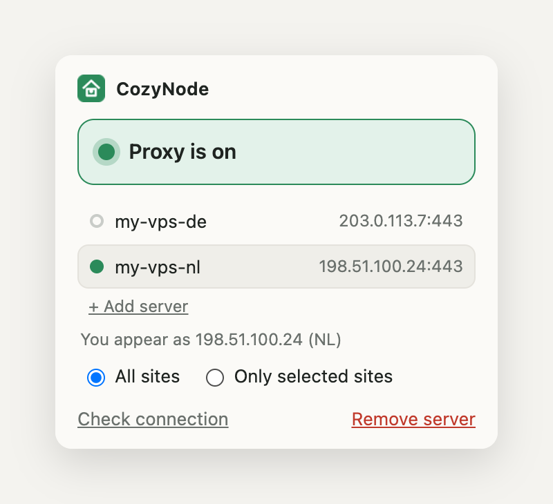 CozyNode popup: two servers in the list, the active one highlighted