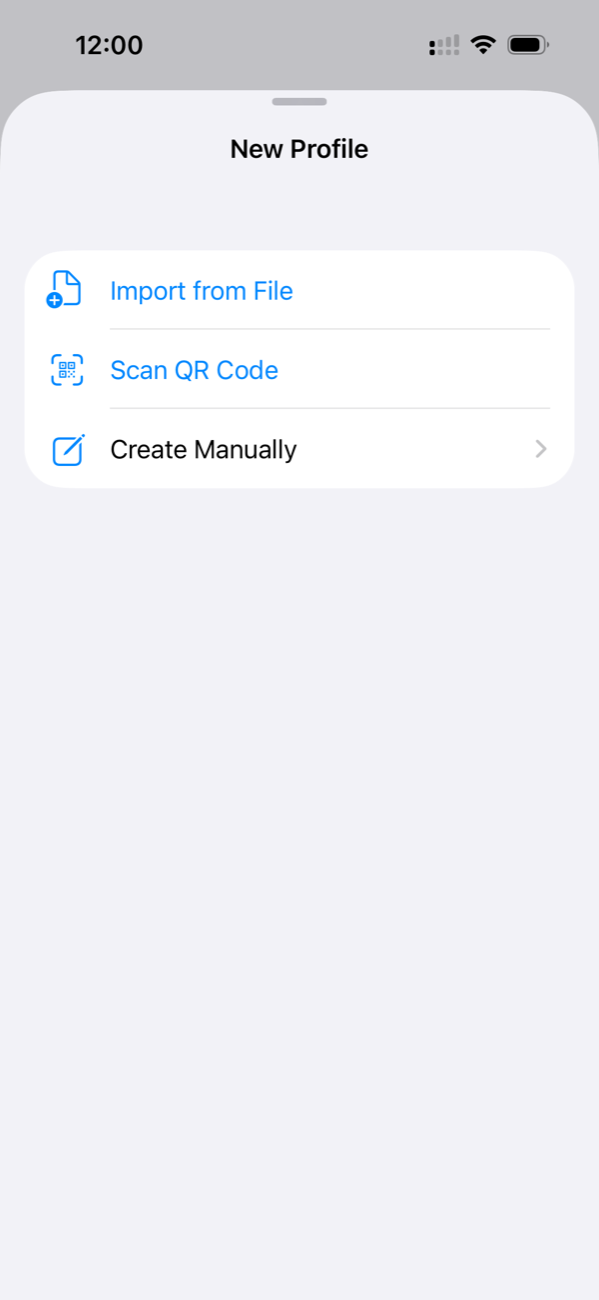 sing-box on iPhone: New Profile menu with Import from File