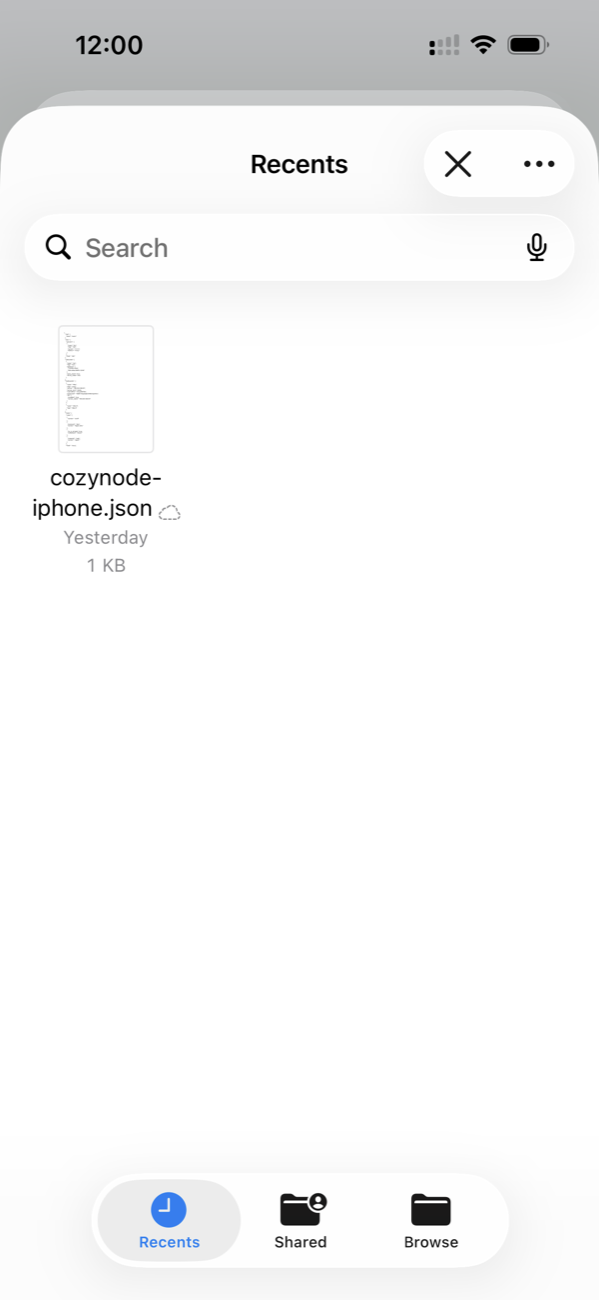 iPhone file picker with the CozyNode profile file
