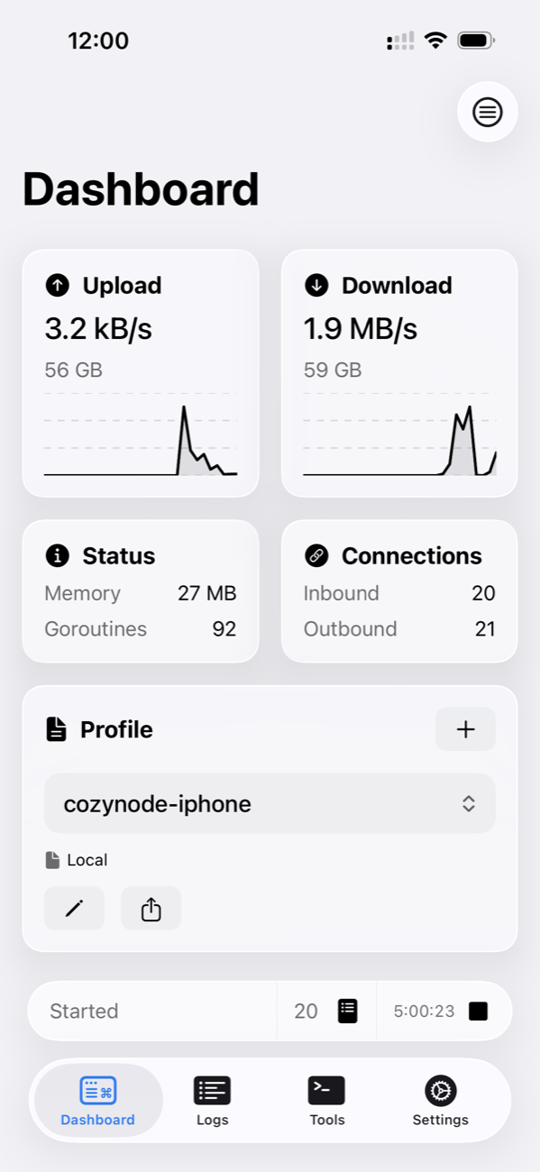 sing-box Dashboard: the CozyNode profile is imported and started