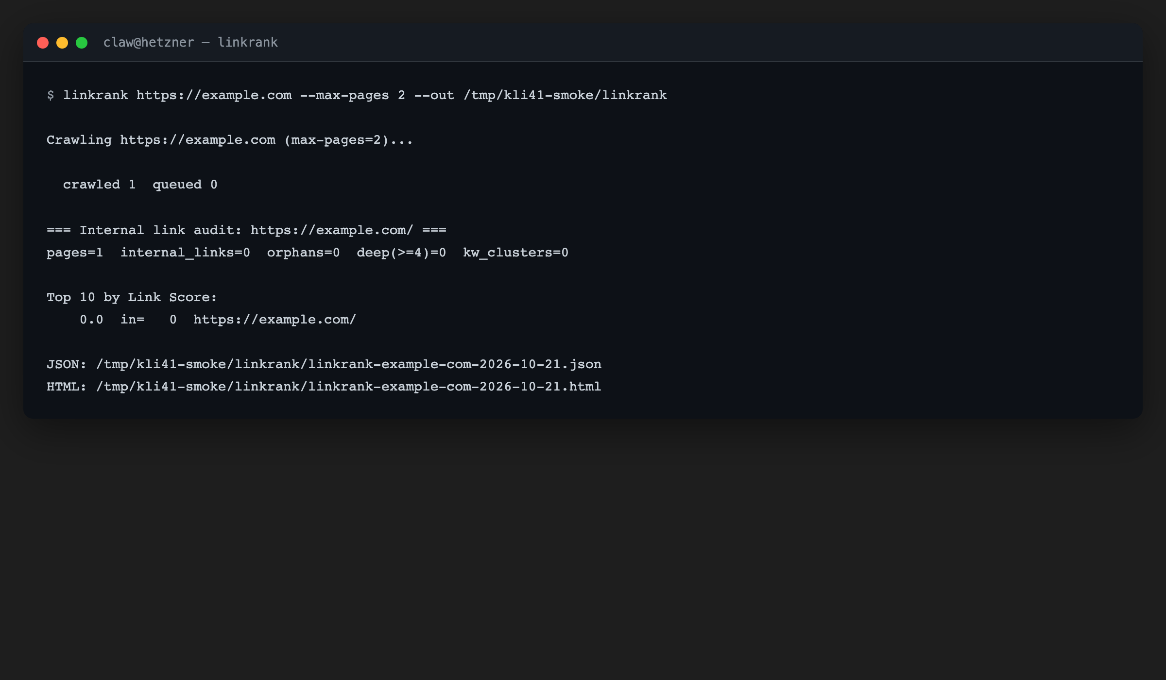 Terminal after a linkrank run: crawl summary, pages crawled and the saved JSON and HTML report paths
