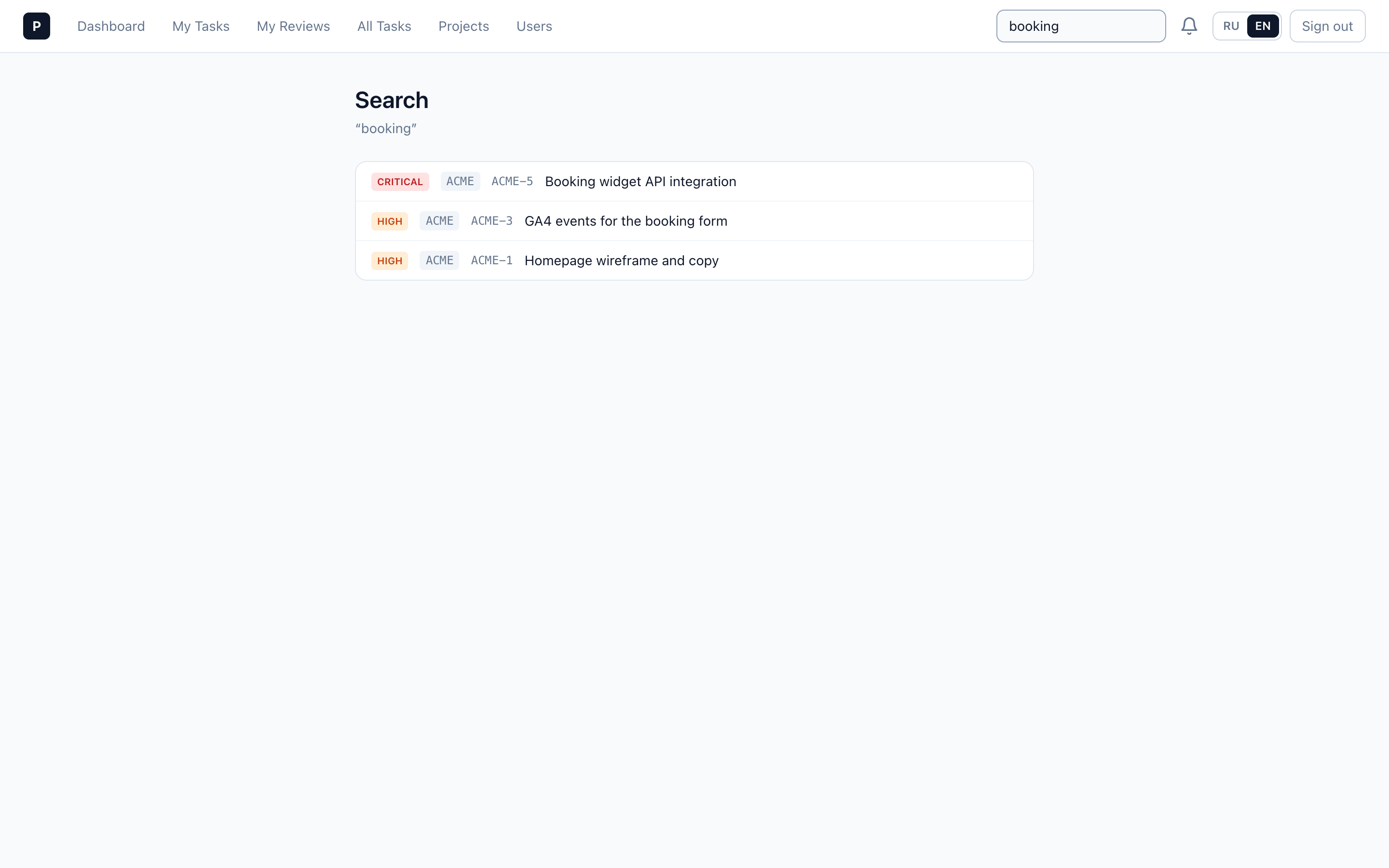 PMS cross-project search: the query PMS-8 in the Search tasks field filters the all-tasks list down to the matching task