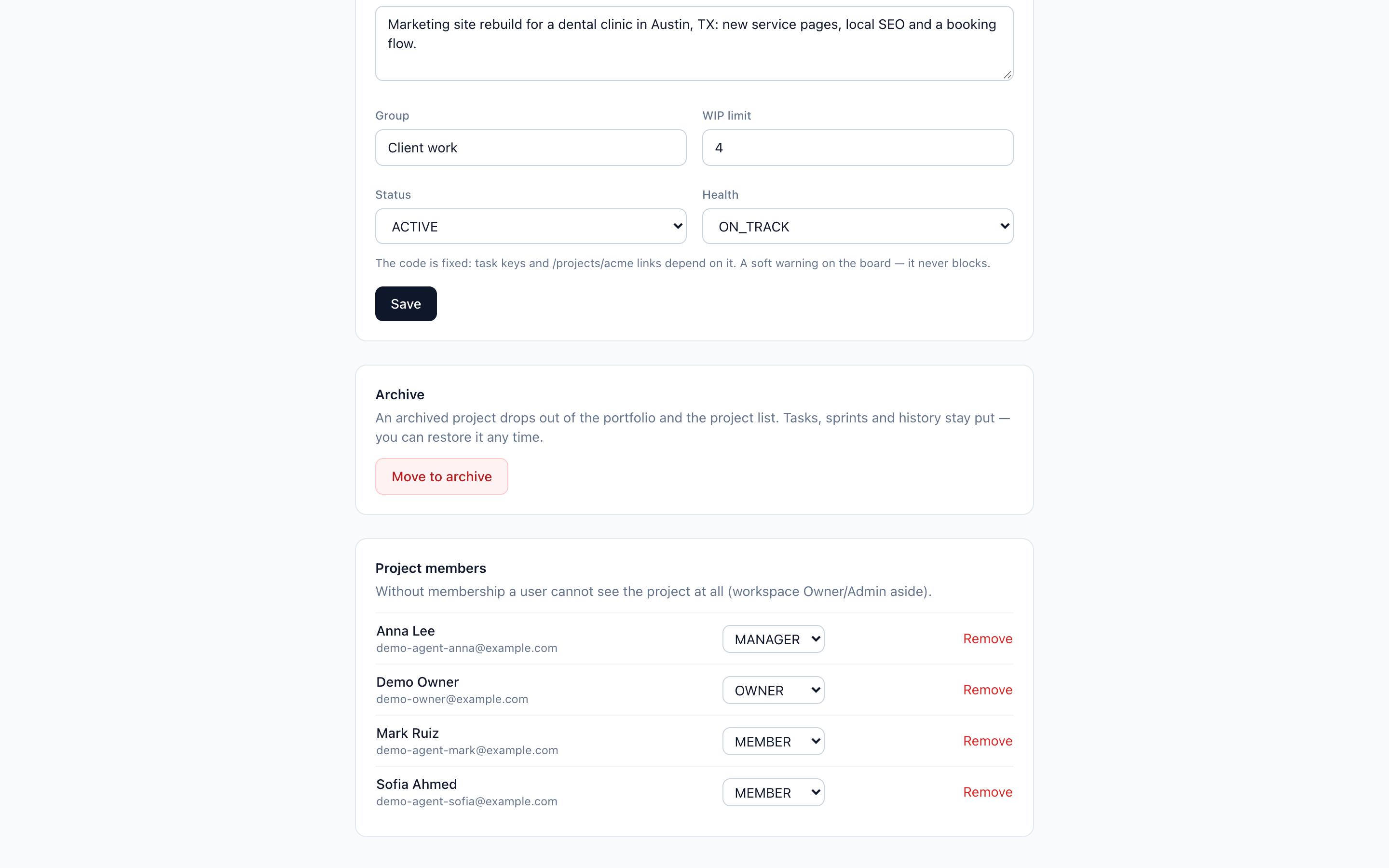 PMS project settings: members table where every user, including AI agents, has a role dropdown with Viewer, Member, Manager or Owner