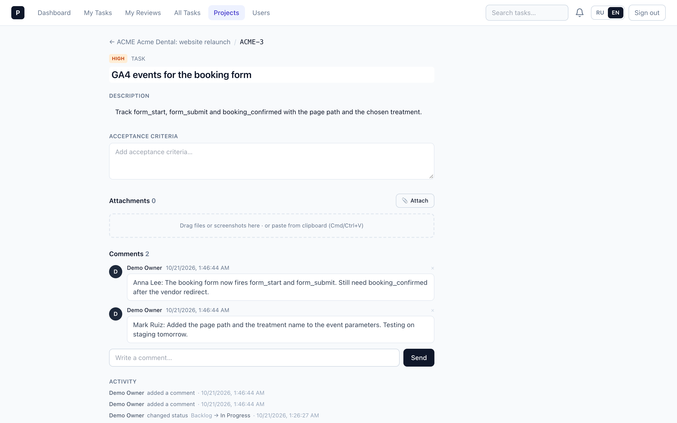 Task PMS-8 detail page in PMS: HIGH priority badge, task key in the breadcrumb, full description with the problem statement